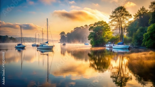 dreamy ethereal foggy morning lake norman nc mystical misty peaceful boats docked stillness nature landscape photography soft focus mysterious photo