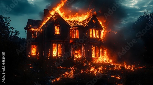 A chilling scene of a haunted house on fire at night, flames erupting from shattered windows, an ominous glow in the darkness