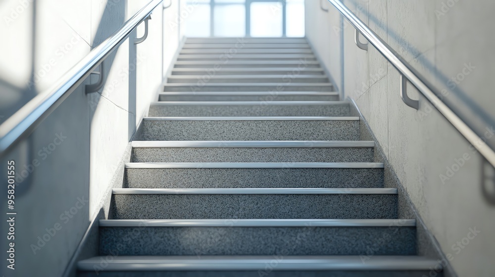 A modern staircase leading upwards, showcasing sleek design and natural light streaming through a large window. A modern staircase leading upwards, showcasing sleek design and natural light streaming through a large window.