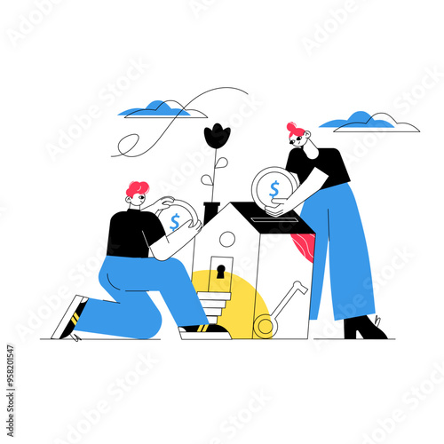 two people putting money into a house-shaped piggy bank symbolizing financial investment in property
