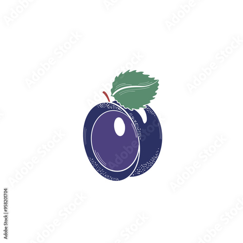 Sweet  hand drawing plum with green leaves, isolated on white background. Create banner, card, pattern, fabric, icon. Vector illustration 