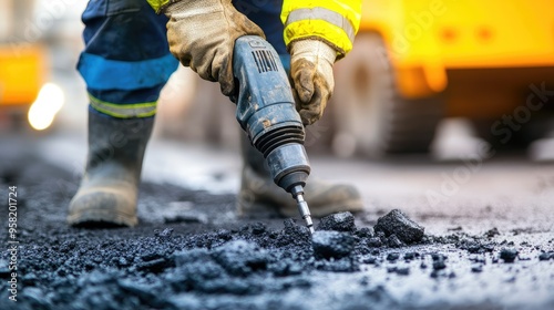 construction worker using a pneumatic drill to break up old pavement, preparing the ground for new asphalt