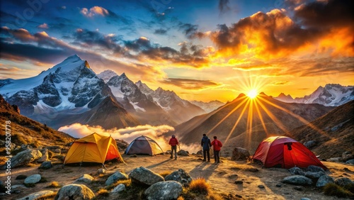 exhilarating sunrise mountain basecamp morning rays warm trekkers rising peaks scenic vistas majestic grandeur new beginnings adventurous spirit brave explorers photo