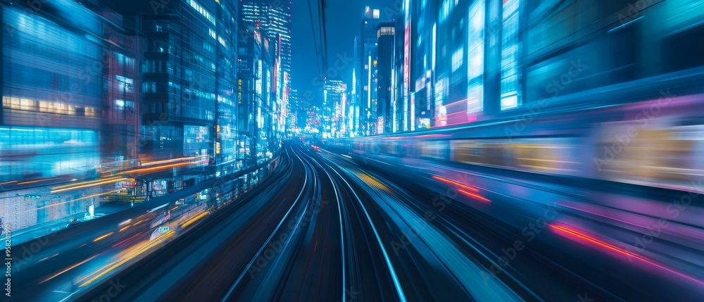 Cityscape view from a high-speed Japanese train window with skyscrapers, bustling streets, and neon lights creating a dynamic urban scene Cityscape view from a high-speed Japanese train window with skyscrapers, bustling streets, and neon lights creating a dynamic urban scene