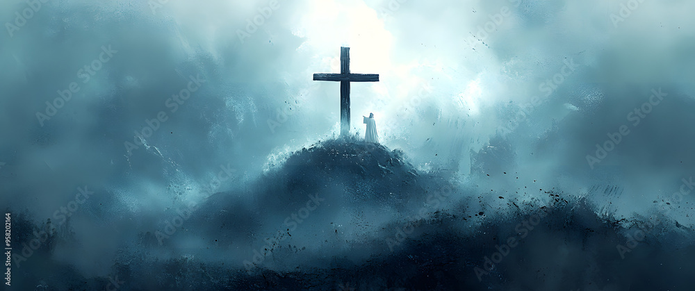 “Digital Painting of a Cross on a Mountain at Sunset”
