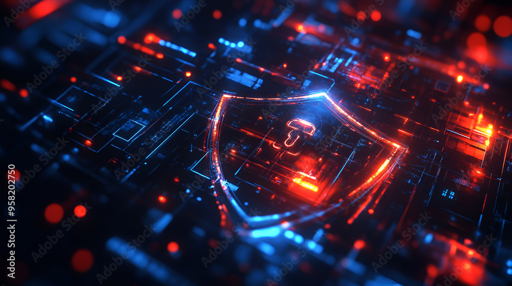 Cyber security abstract concept,A glowing shield on a motherboard symbolizes advanced network security and digital defense mechanisms Cyber security abstract concept,A glowing shield on a motherboard symbolizes advanced network security and digital defense mechanisms
