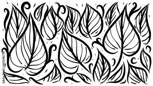 Black and white doodles of plant leaves vector illustration