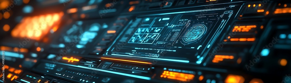 Futuristic Technology Interface - Blue and Orange 3D Illustration Futuristic Technology Interface - Blue and Orange 3D Illustration