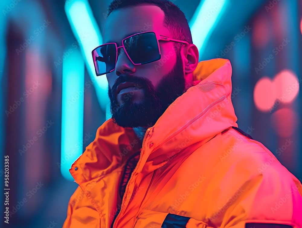 Man in Neon Lights Wearing Sunglasses and Orange Jacket - Realistic Image