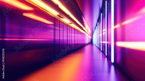 An abstract neon corridor featuring vibrant purple and orange light trails, creating a futuristic and dynamic visual effect in a sleek, modern setting.