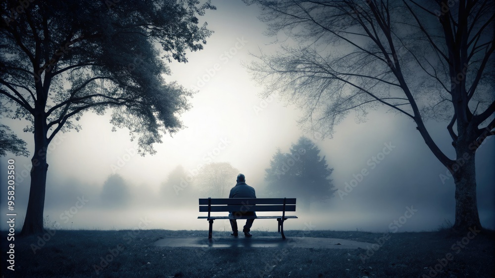 moody atmospheric black and white photograph of a solitary figure sitting on a bench in a misty park surrounded by a dark blue gray sky moody atmospheric black and white photograph of a solitary figure sitting on a bench in a misty park surrounded by a dark blue gray sky