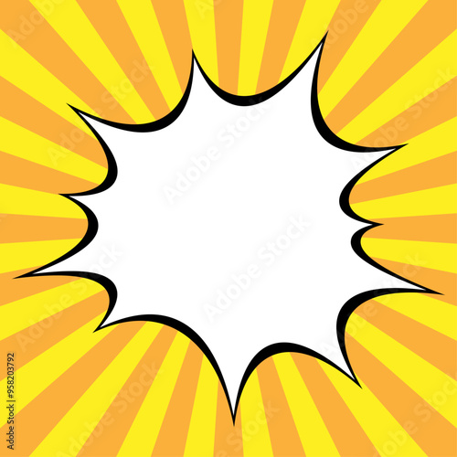 黄色とオレンジ色の集中線の上に黒線の爆発吹き出し（正方形）