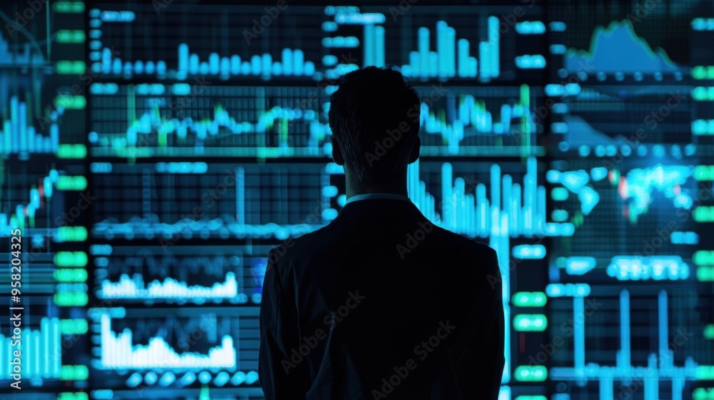 Silhouette of a man analyzing stock market indicators to plan the best investment strategy, financial data and charts. Silhouette of a man analyzing stock market indicators to plan the best investment strategy, financial data and charts.