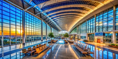 Vibrant afternoon strolling passengers Dallas Fort Worth International Airport Terminal B architectural lines modern futuristic interior design elements natural light pouring photo