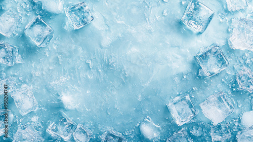 A light blue, icy surface with scattered ice cubes in the top left and bottom right corners.