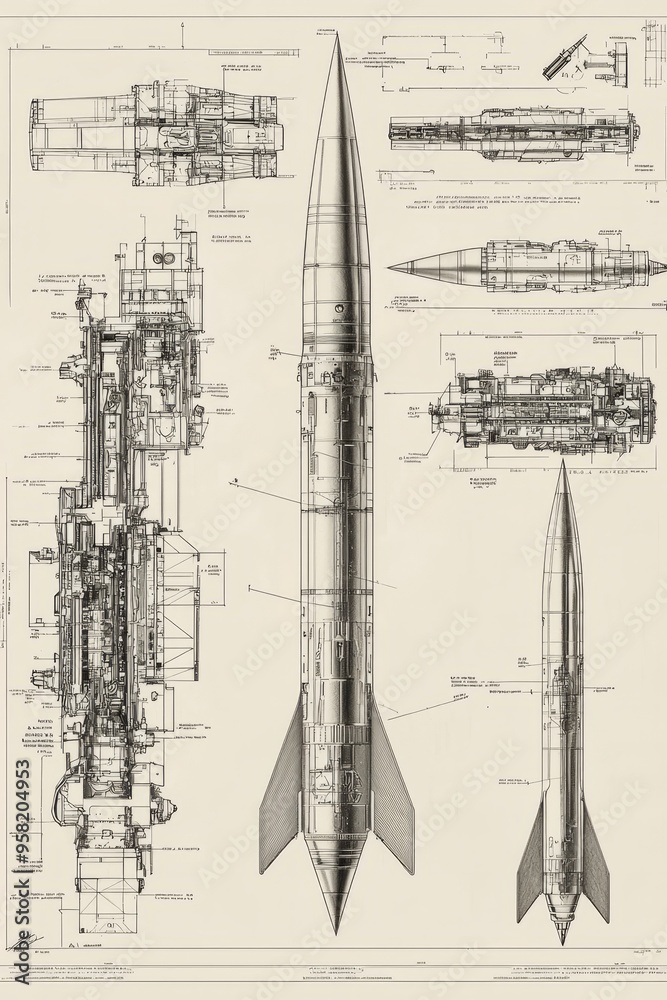 Obraz premium A highly detailed black and white technical drawing of the ballistic missile. Blueprint illustration showcases the missile in various views, including side, cross-section, and top-down perspectives.
