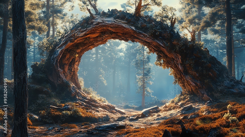 A mystical forest scene featuring a beautiful arch formed by trees, enveloped in soft sunlight and lush greenery, evoking tranquility. A mystical forest scene featuring a beautiful arch formed by trees, enveloped in soft sunlight and lush greenery, evoking tranquility.
