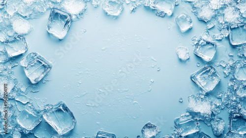 A light blue, icy surface with scattered ice cubes in the top left and bottom right corners.