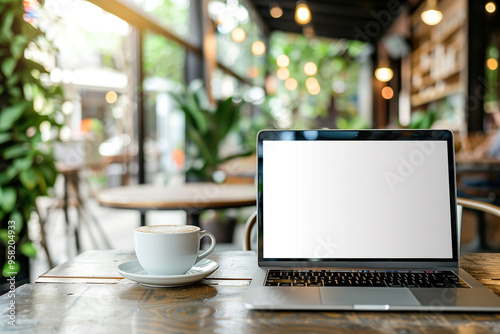 Empty screen of laptop and a cup of coffee in cafe. Copy space, work from anywhere concept