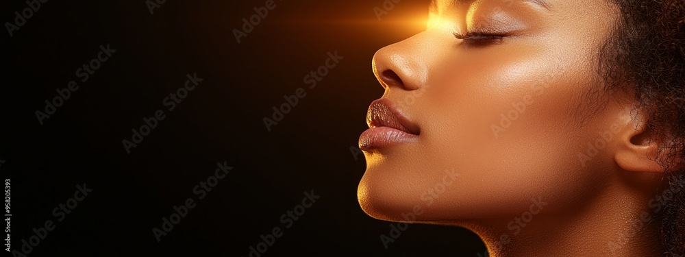 A woman's face, eyes closed, framed by a bright light emerging from it A woman's face, eyes closed, framed by a bright light emerging from it