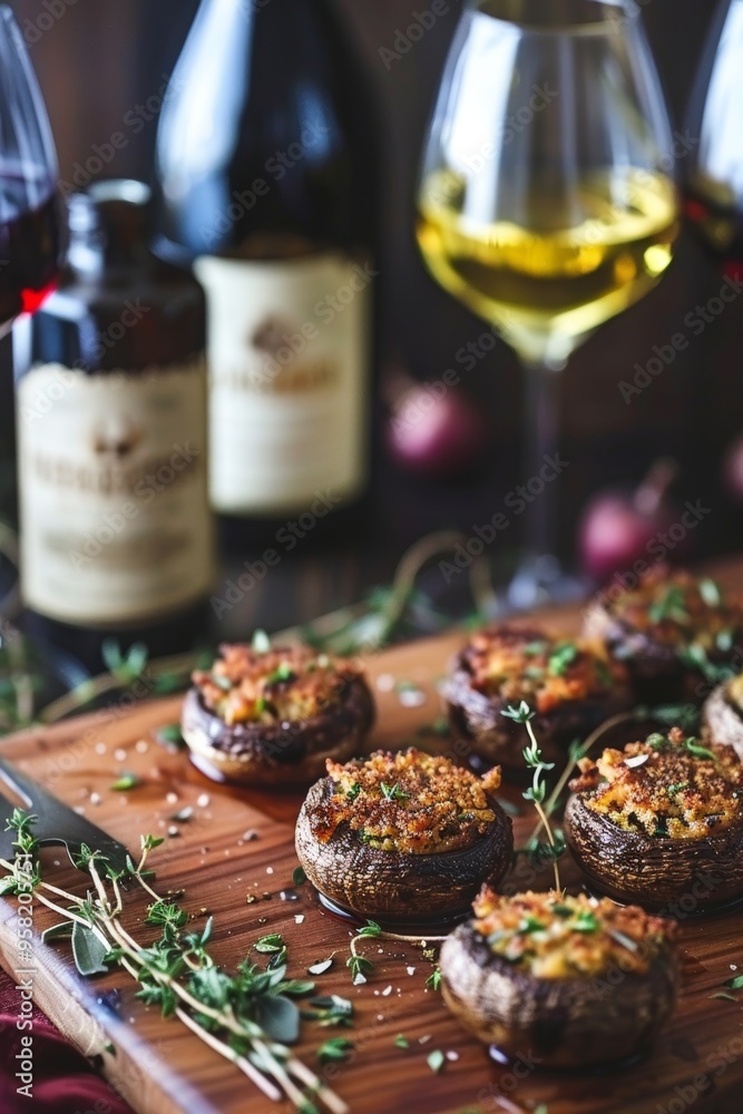 Gourmet Stuffed Mushrooms Appetizer with Wine Pairing on Rustic Wood, Food Photography Gourmet Stuffed Mushrooms Appetizer with Wine Pairing on Rustic Wood, Food Photography