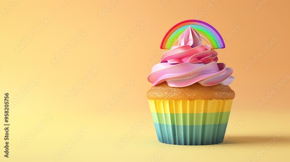 A colorful cupcake with rainbow frosting and a rainbow sprinkle. A colorful cupcake with rainbow frosting and a rainbow sprinkle.