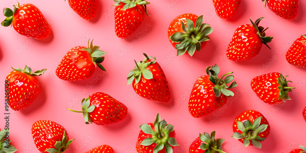 Photography of Close-up Realistic of Fresh Sweet Strawberries with Waterdrops, Full Frame on Pink Background. Front View View Strawberry Fruits with Leaves and Waterdrops.