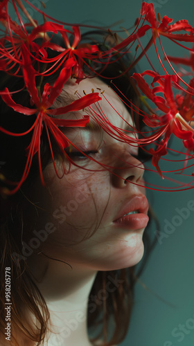 Freckled Woman with Red Spider Lilies in Soft Lighting