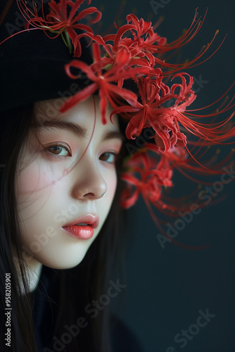 Elegant Portrait with Red Spider Lilies and Dark Hat
