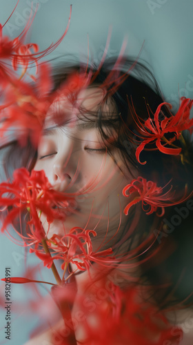 Peaceful Woman Amidst Red Spider Lilies