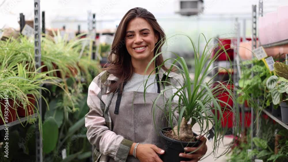 Portrait of a female gardener holding a plant she's growing Portrait of a female gardener holding a plant she's growing