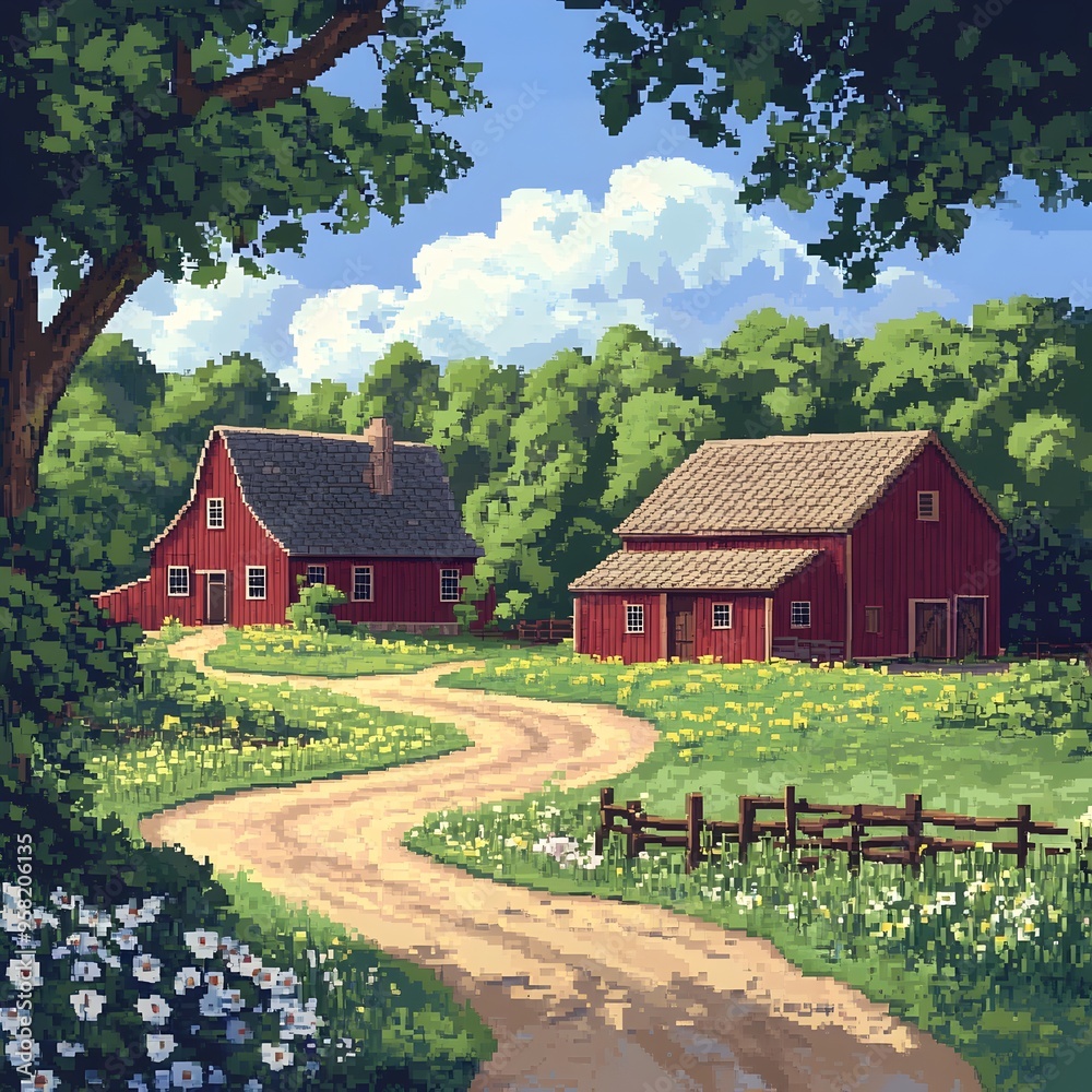 Fototapeta premium Charming Rustic Farmhouse Nestled in Peaceful Countryside Landscape