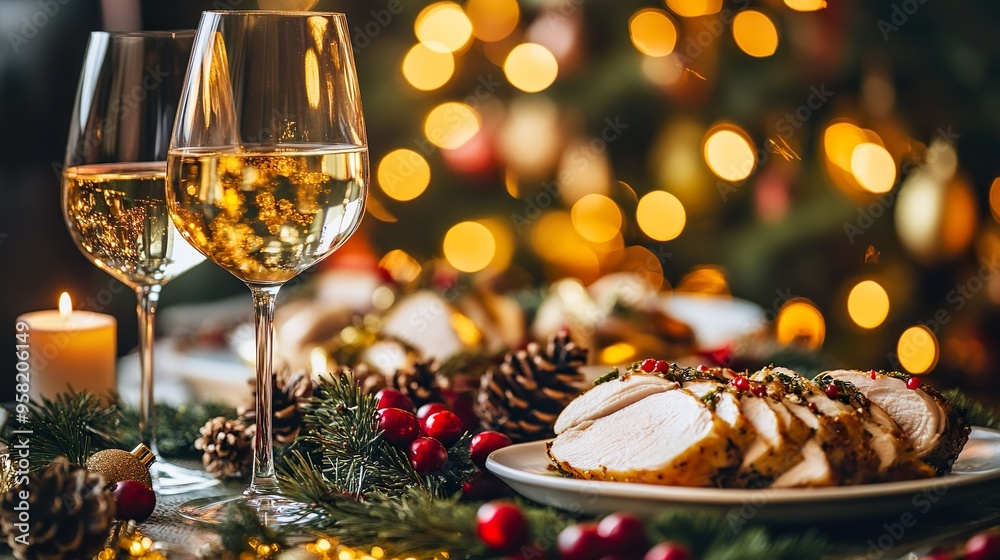 Christmas dinner with roast turkey and glasses of white wine Christmas dinner with roast turkey and glasses of white wine