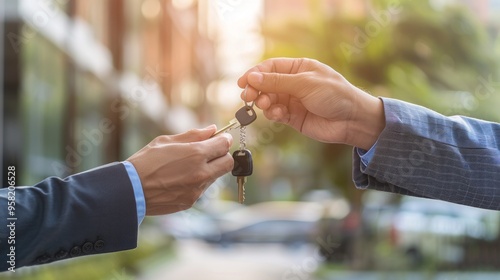 Two people are holding keys and one of them is wearing a suit