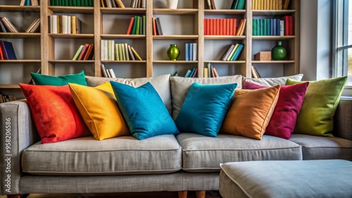 A collage of colorful couch cushions sprawled across a living room, set against the background of a tall bookshelf, showcasing a cozy atmosphere.