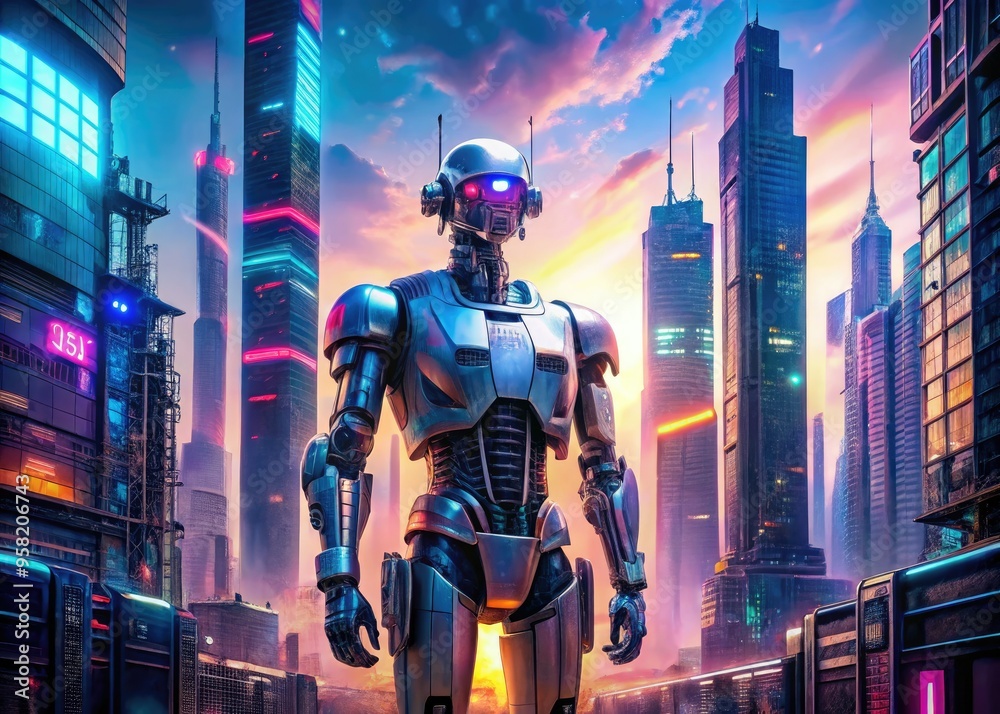 Surreal futuristic cityscape with massive robot humanoid statue in center, surrounded by neon-lit skyscrapers and holographic advertisements, reflecting on artificial intelligence dominance. Surreal futuristic cityscape with massive robot humanoid statue in center, surrounded by neon-lit skyscrapers and holographic advertisements, reflecting on artificial intelligence dominance.