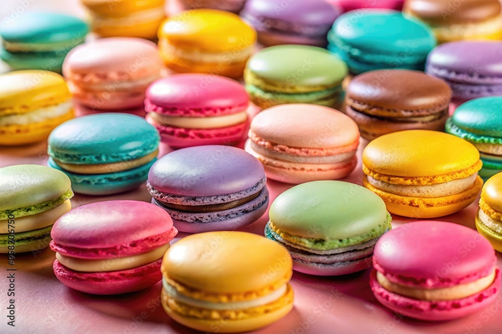 vibrant colorful Vosges macarons arranged in a geometric pattern on a pastel pink background with shallow focus and natural window light vibrant colorful Vosges macarons arranged in a geometric pattern on a pastel pink background with shallow focus and natural window light