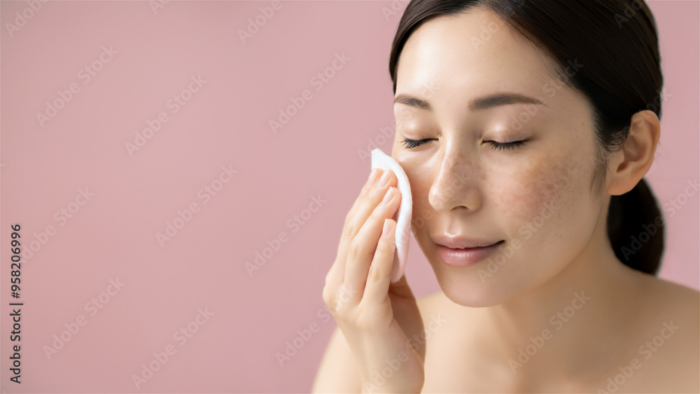 Woman with freckles doing face care with eyes closed and a cotton pad on her face AI-generated image Woman with freckles doing face care with eyes closed and a cotton pad on her face AI-generated image