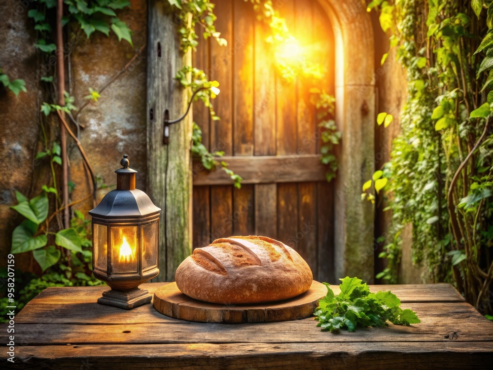 Obraz premium Morning sunlight round bread mix weathered wooden door distressed metal lanterns lush greenery worn wood accents relaxed atmosphere