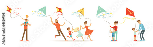 Parent and Kid Flying Kite with String in the Air Vector Set