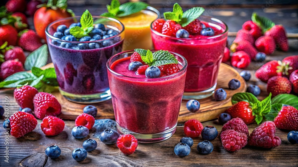 Vibrant berry smoothies with blueberries and raspberries in artistic lighting for a refreshing and colorful stock photo Vibrant berry smoothies with blueberries and raspberries in artistic lighting for a refreshing and colorful stock photo