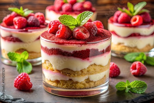 Creamy raspberry tiramisu in a glass: layers of fresh berries, custard, and whipped cream on a dark black table top, perfect for a gourmet dessert experience, food blogs, restaurant and cafe menus