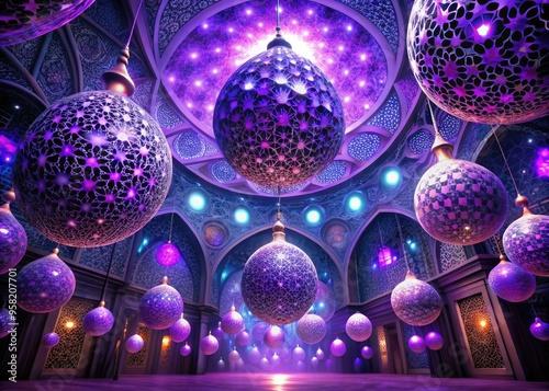 intricate Islamic patterns disrupted by digital noise and glowing purple orbs echoing a sense of ancient futurism and mysticism photo