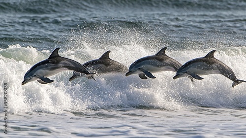 Playful Dolphins Leaping Through the Waves: A Dynamic Scene Featuring a Group of Dolphins Joyfully Jumping and Splashing in the Ocean. 