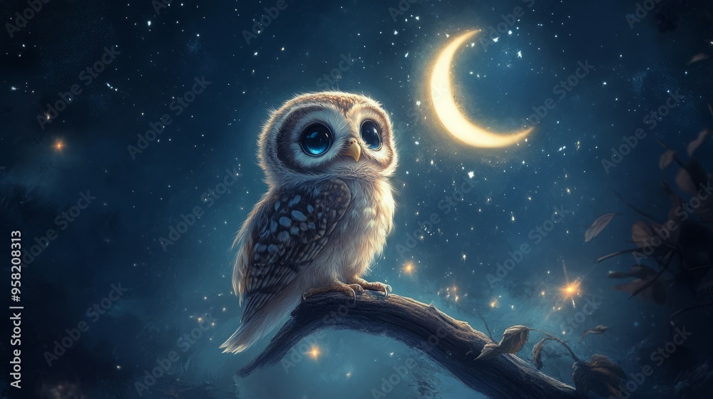 Cute owl perched on a branch under the crescent moon. Cute owl perched on a branch under the crescent moon.