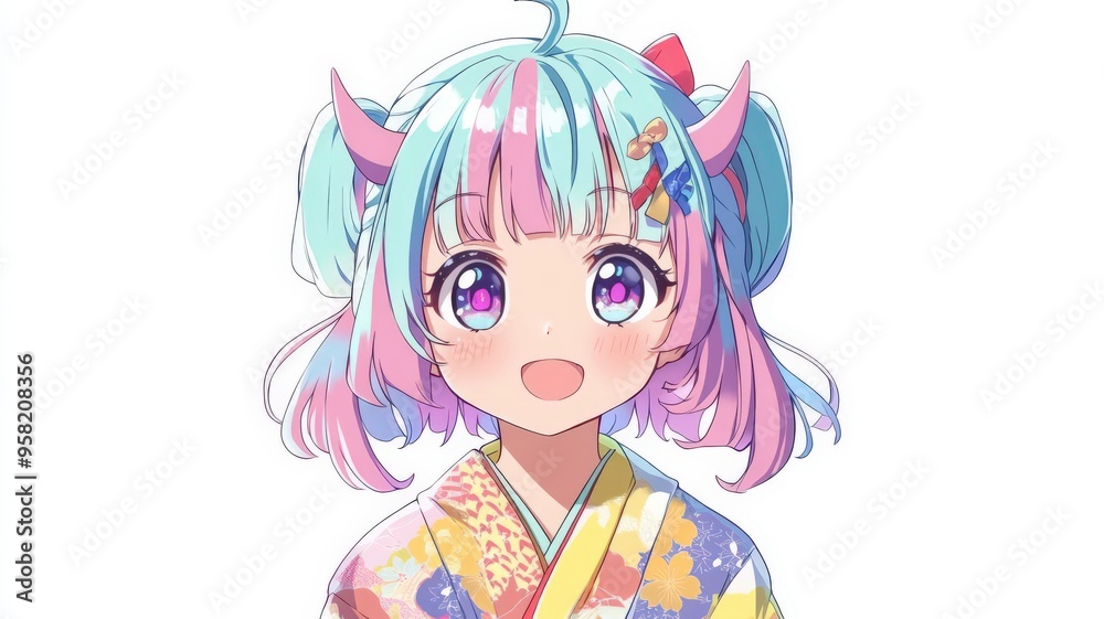 A vibrant and joyful anime girl with playful hair, wearing a colorful kimono, epitomizing cuteness and cultural charm. A vibrant and joyful anime girl with playful hair, wearing a colorful kimono, epitomizing cuteness and cultural charm.
