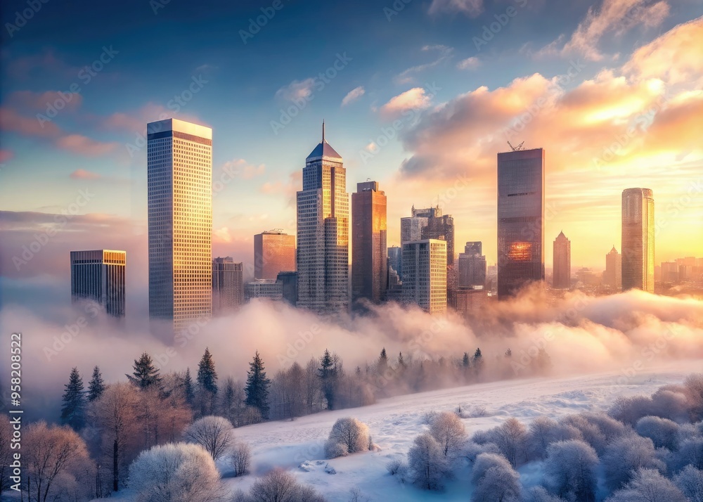Fototapeta premium frozen morning fog rising above snow-dusted skyscrapers in urban landscape capturing quiet solitude gentle pastel hues soft focus cityscape photography