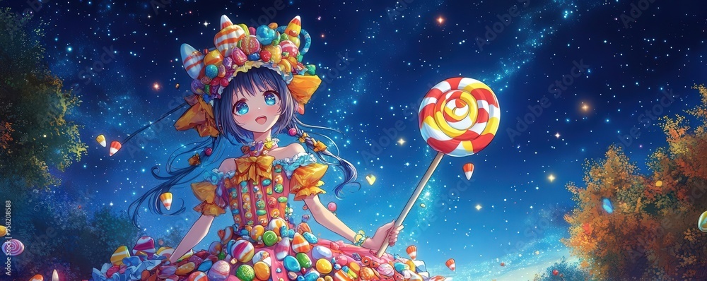 Naklejka premium A whimsical girl surrounded by colorful candy under a starry night sky, exuding joy and fantasy with sweet confections.