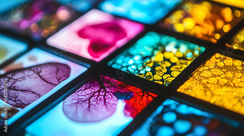 A dynamic shot of multiple tissue slides arranged on a lightbox in a laboratory photo