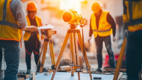 Survey engineer team working with theodolite and road construction drawing paper Civil engineer surveyor workers are taking measurements with surveying instruments during construction. photo